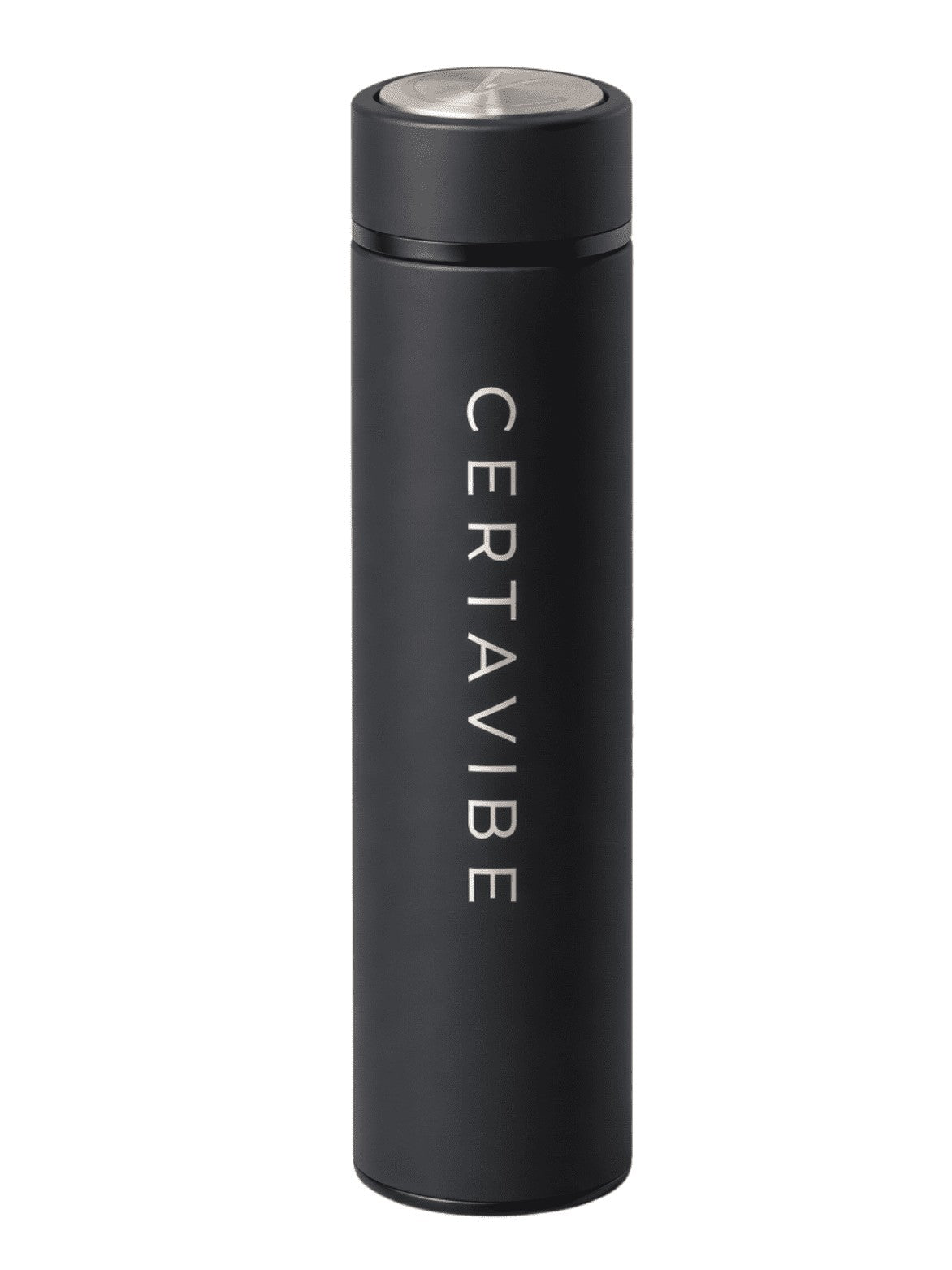 Elevate Thermal Bottle in Night Black with the Certavibe wordmark